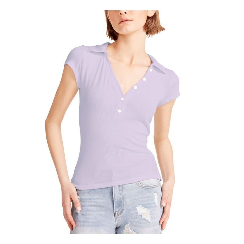 MADDEN GIRL Womens T-Shirt Purple Short Sleeve Collared Button Juniors XXL